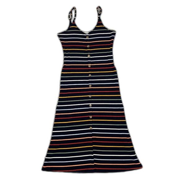 Ann Taylor Loft Black and Colorful Striped Button Dress Petite Small - Picture 1 of 3